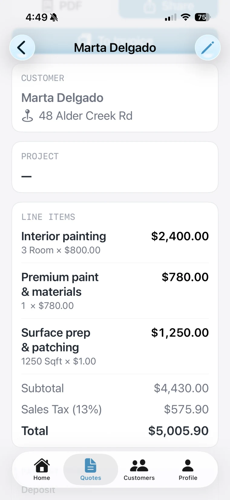 CreekQuote quote details showing a customer, line items, tax, and total